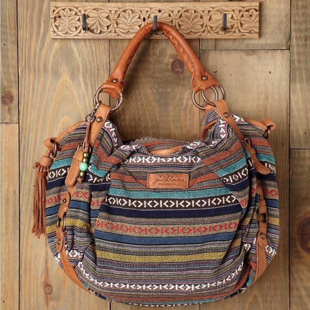 Boho Striped Tote Bag with Leather Trim